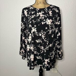 Karl Lagerfeld Floral Print Black Bell Long Sleeve Blouse Size XL Flowy Stretch